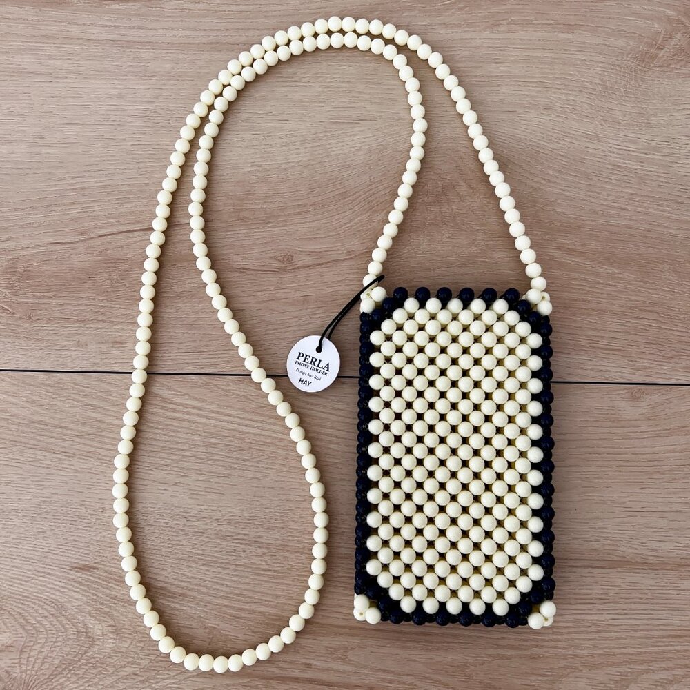 NWT HAY Perla Phone Holder by Ana Kraš in "Milk" Cream and Midnight Blue Beads